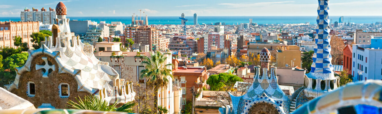 City skyline in Spain with colorful buildings.