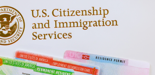 USCIS logo with an eagle emblem and various U.S. immigration ID cards, including a green card and work permit.